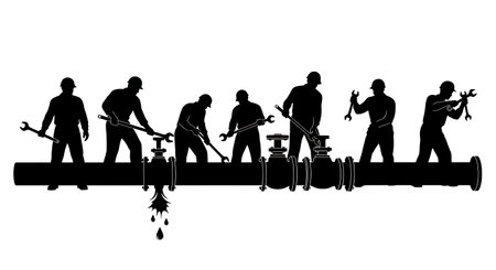 Black Solid Worker Fixing Pipe Silhouettes Set of Six isolated on plain white background.のイラスト素材