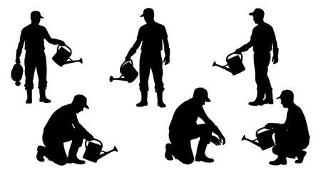Black Solid Worker Watering Can Silhouettes Set of Six isolated on plain white background.のイラスト素材