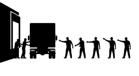 Black Solid Worker Guiding Truck Silhouettes Set of Six isolated on plain white background.のイラスト素材