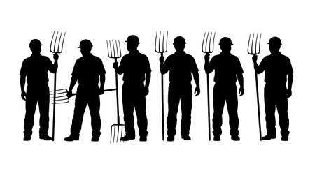 Black Solid Worker Pitchfork Rest Silhouettes Set of Six isolated on plain white background.のイラスト素材