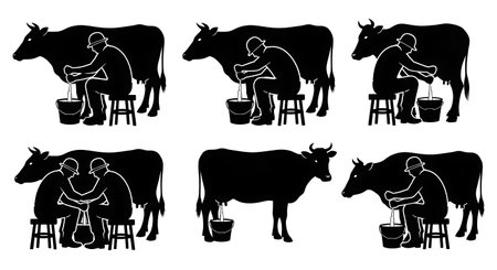 Black Solid Worker Hand Milking Silhouettes Set of Six isolated on plain white background.のイラスト素材