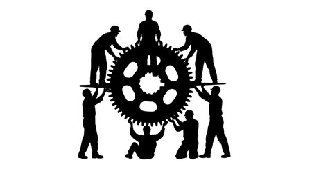 Black Solid Worker Holding Gear Silhouettes Set of Six isolated on plain white background.のイラスト素材