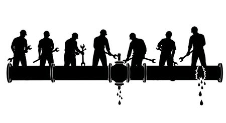 Black Solid Worker Fixing Pipe Silhouettes Set of Six isolated on plain white background.のイラスト素材