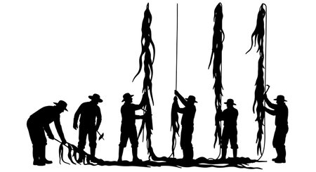 Black Solid Worker Harvesting Kelp Silhouettes Set of Six isolated on plain white background.のイラスト素材