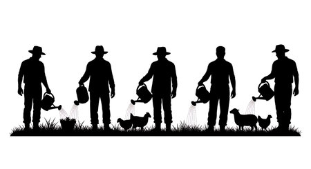 Black Solid Worker Watering Can Silhouettes Set of Six isolated on plain white background.のイラスト素材