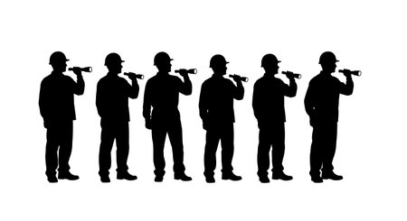 Black Solid Worker Flashlight Silhouettes Set of Six isolated on plain white background.