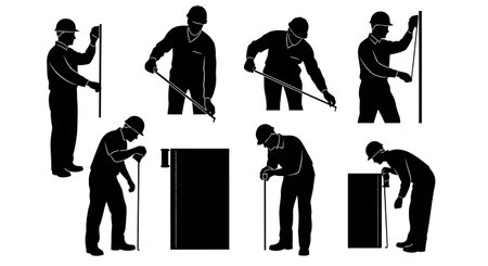 Black Solid Worker Measuring Tape Silhouettes Set of Six isolated on plain white background.のイラスト素材