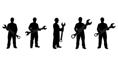 Black Solid Worker Holding Wrench Silhouettes Set of Six isolated on plain white background.のイラスト素材