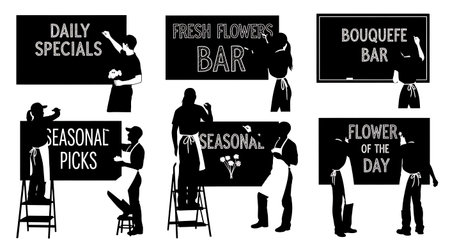 Black Solid Florist Chalkboard Sign Silhouettes Set of Six isolated on plain white background.のイラスト素材