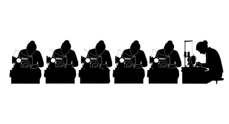 Black Solid Sewing Machine Operator Silhouettes Set of Six isolated on plain white background.のイラスト素材