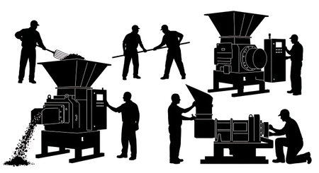 Black Solid Shredder Operator Silhouettes Set of Six isolated on plain white background.のイラスト素材