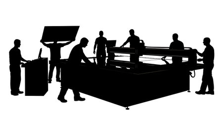 Black Solid Glass Cutting Operator Silhouettes Set of Six isolated on plain white background.