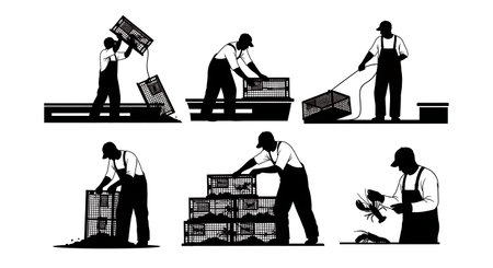Black Solid Lobstermen Pulling Traps Silhouettes Set of Six isolated on plain white background.のイラスト素材