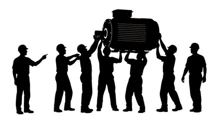 Black Solid Workers Team Lift Silhouettes Set of Six isolated on plain white background.