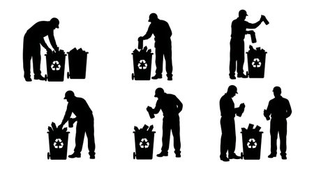 Black Solid Worker Sorting Recycling Silhouettes Set of Six isolated on plain white background.のイラスト素材
