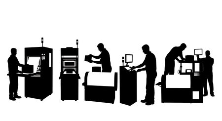 Black Solid Shrink Wrap Operator Silhouettes Set of Six isolated on plain white background.のイラスト素材