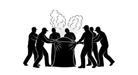 Black Solid Worker Shaking Bag Silhouettes Set of Six isolated on plain white background.のイラスト素材