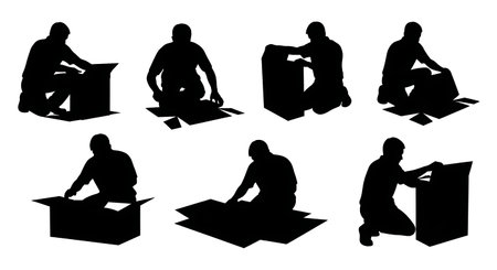 Black Solid Worker Assembling Box Silhouettes Set of Six isolated on plain white background.のイラスト素材