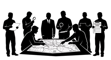 Black Solid Map Inspector Silhouettes Set of Six isolated on plain white background.のイラスト素材