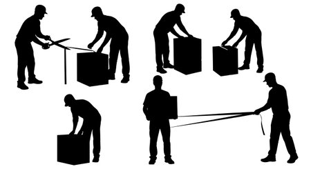 Black Solid Worker Cutting Strap Silhouettes Set of Six isolated on plain white background.のイラスト素材