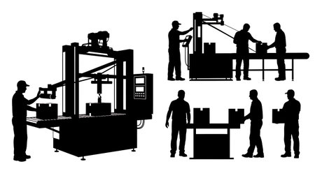 Black Solid Worker Strapping Machine Silhouettes Set of Six isolated on plain white background.のイラスト素材