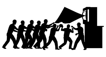 Black Solid Worker Tearing Paper Silhouettes Set of Six isolated on plain white background.のイラスト素材