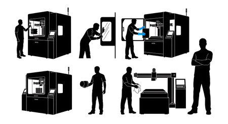 Black Solid 3D Printer Operator Silhouettes Set of Six isolated on plain white background.