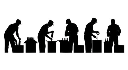 Black Solid Assembly Packing Bottles Silhouettes Set of Six isolated on plain white background.のイラスト素材