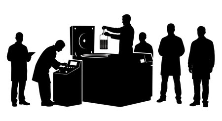 Black Solid Centrifuge Operator Silhouettes Set of Six isolated on plain white background.のイラスト素材