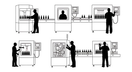 Black Solid Bottle Washer Operator Silhouettes Set of Six isolated on plain white background.のイラスト素材