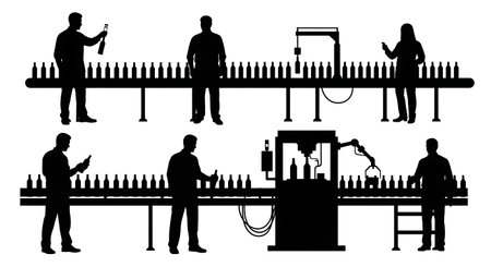 Black Solid Bottling Line Operator Silhouettes Set of Six isolated on plain white background.のイラスト素材