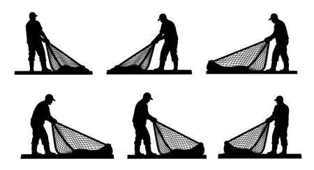 Black Solid Commercial Fishermen Hauling Nets Silhouettes Set of Six isolated on plain white background.のイラスト素材
