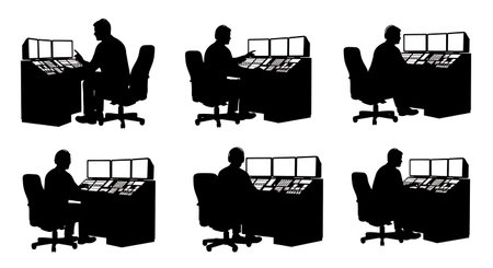 Black Solid Control Room Operator Silhouettes Set of Six isolated on plain white background.のイラスト素材