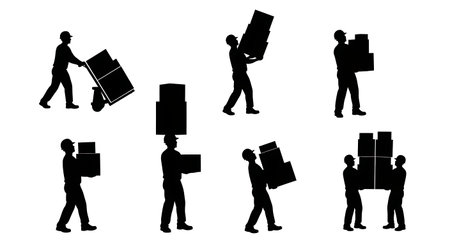 Black Solid Worker Carrying Stack Silhouettes Set of Six isolated on plain white background.のイラスト素材