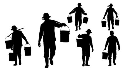 Black Solid Fishermen Carrying Bucket Silhouettes Set of Six isolated on plain white background.のイラスト素材