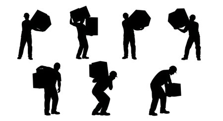 Black Solid Worker Carrying Boxes Silhouettes Set of Six isolated on plain white background.のイラスト素材