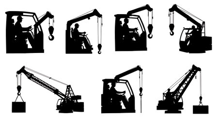 Black Solid Crane Operator Silhouettes Set of Six isolated on plain white background.のイラスト素材
