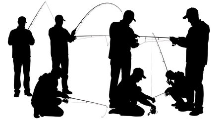 Black Solid Fishermen Adjusting Drag Silhouettes Set of Six isolated on plain white background.
