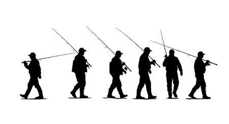 Black Solid Fishermen Holding Tuna Silhouettes Set of Six isolated on plain white background.のイラスト素材