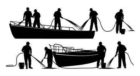 Black Solid Fishermen Washing Deck Silhouettes Set of Six isolated on plain white background.のイラスト素材