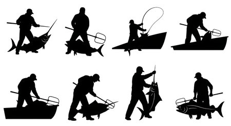 Black Solid Fishermen Using Gaff Silhouettes Set of Six isolated on plain white background.のイラスト素材