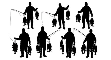 Black Solid Fishermen Stringer Catch Silhouettes Set of Six isolated on plain white background.のイラスト素材