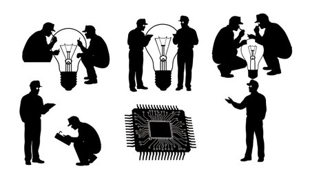 Black Solid Bulb Inspector Silhouettes Set of Six isolated on plain white background.