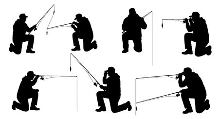 Black Solid Fishermen Checking Rod Silhouettes Set of Six isolated on plain white background.のイラスト素材