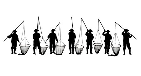 Black Solid Fishermen Dip Netting Silhouettes Set of Six isolated on plain white background.のイラスト素材
