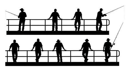 Black Solid Fishermen Pier Standing Silhouettes Set of Six isolated on plain white background.のイラスト素材