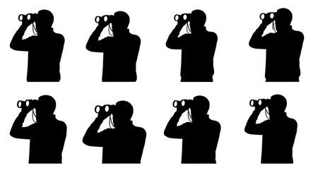 Black Solid Binoculars Distant Inspection Look Silhouettes Set of Six on White Background isolated on plain white background.のイラスト素材
