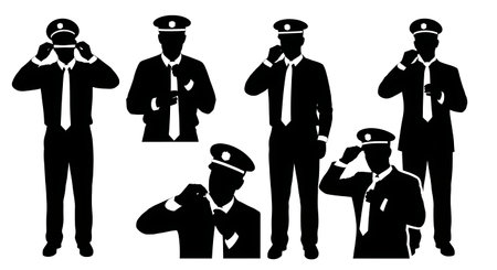 Black Solid Bus Driver Adjust Uniform Groom Silhouettes Set of Six on White Background isolated on...