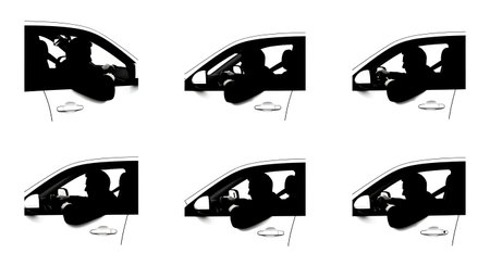 Black Solid Bus Driver Lean Window Look Silhouettes Set of Six on White Background isolated on plain...