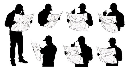 Black Solid Courier Check Paper Map Silhouettes Set of Six on White Background isolated on plain white background.のイラスト素材